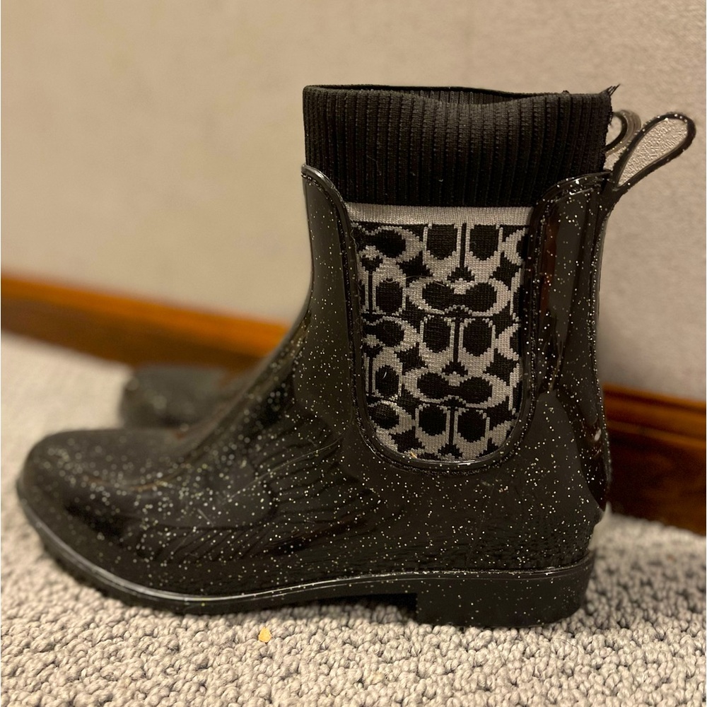 Coach Rain boots, worn once, black glitter with coach signature detail, size 9
